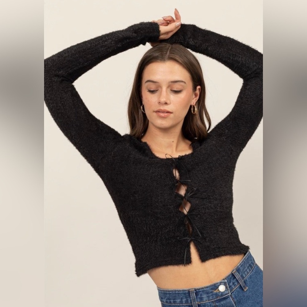 Black Soft bow ribbon tie top